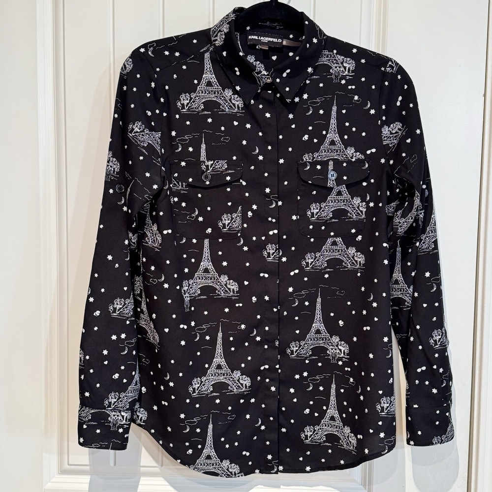 Karl Lagerfeld Paris Eiffel‎ Tower Print Blouse Black Roll Tab Sleeve XS S